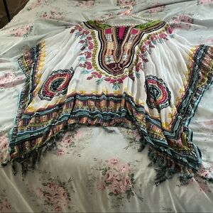 Bohemian White Embroidered Poncho Top with Multicolor Trim